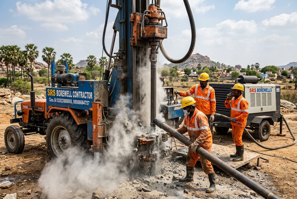Close-up action of a borewell drill bit penetrating the ground